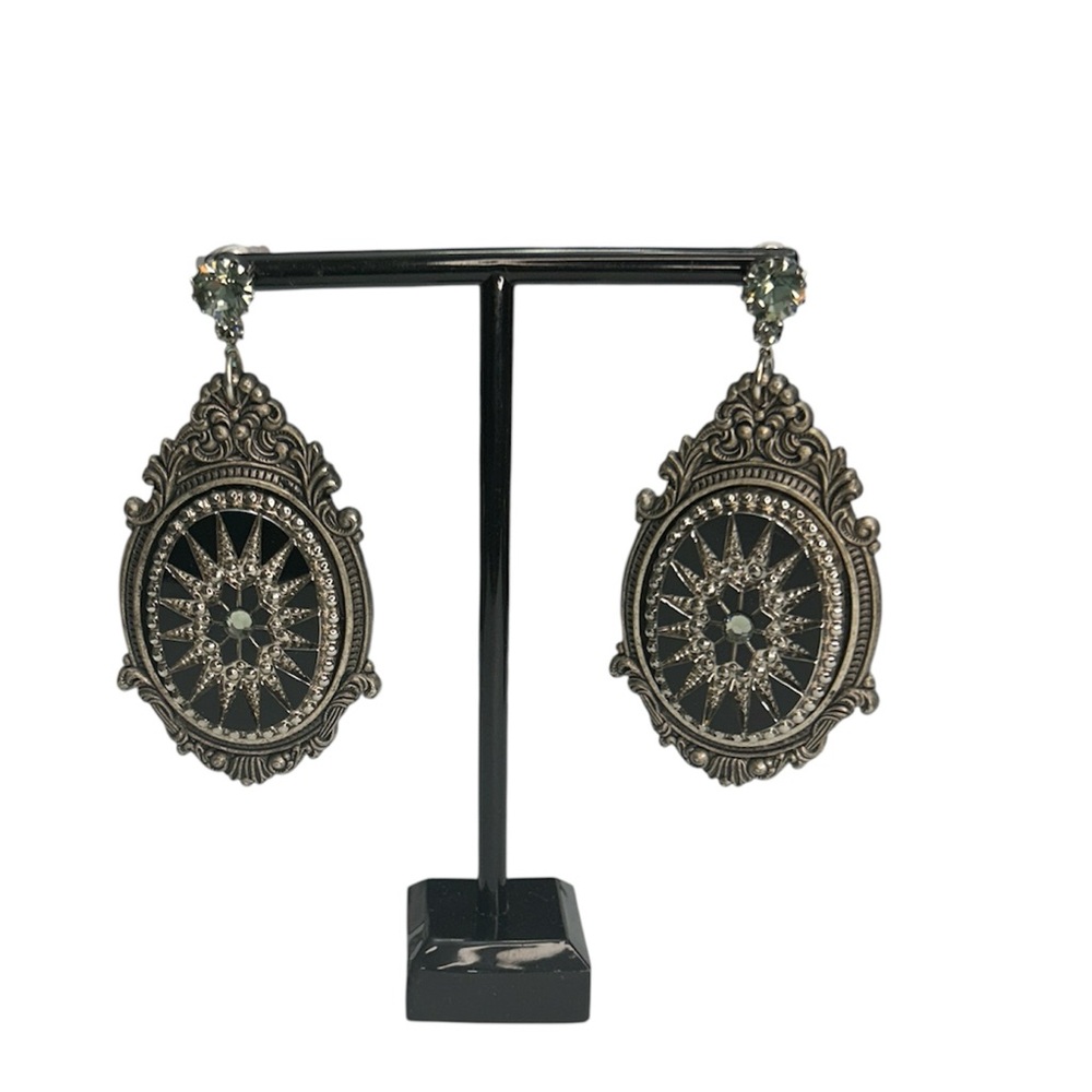 Tarina Tarantino Starburst Ornate Drop Earrings - Silver & Black Swarovski